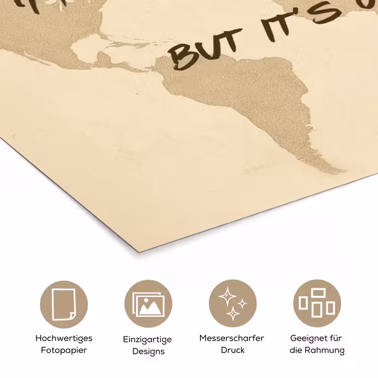Beige - Wereldkaart - Quote - Handgeschreven poster papier klein -tcloseup_DE