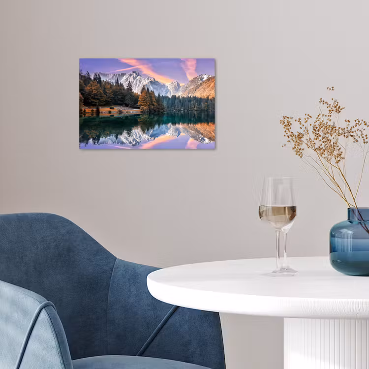 Bergen - Bos - Water - Lucht - Roze - Paars poster papier klein -sfeer3