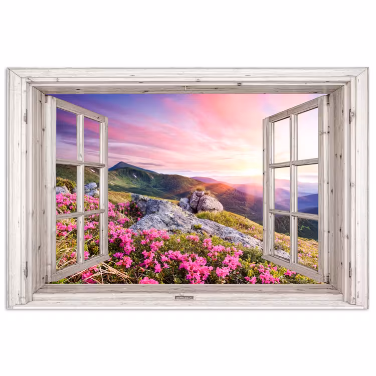 Bergen - Landschap - Doorkijk - Bloemen - Avond - Roze poster papier klein -3d
