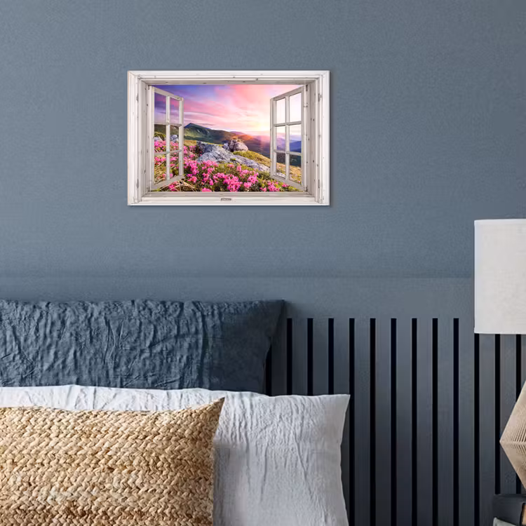 Bergen - Landschap - Doorkijk - Bloemen - Avond - Roze poster papier klein -sfeer2