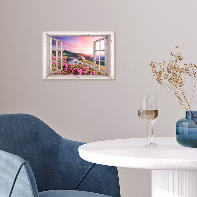 Bergen - Landschap - Doorkijk - Bloemen - Avond - Roze poster papier klein -sfeer3