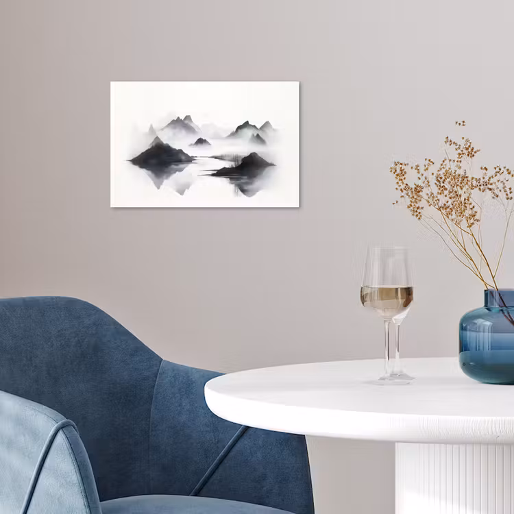 Bergen - Mistig - Water - Wit poster papier klein -sfeer3