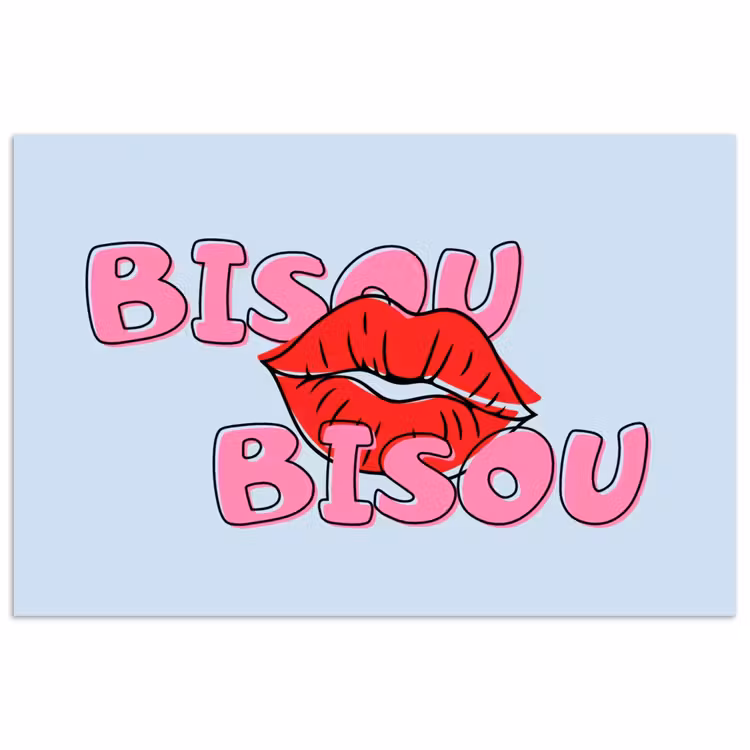 Bisou - Blauw - Roze - Lippen poster papier klein -3d