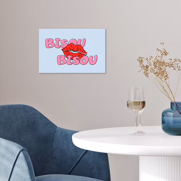 Bisou - Blauw - Roze - Lippen poster papier klein -sfeer3