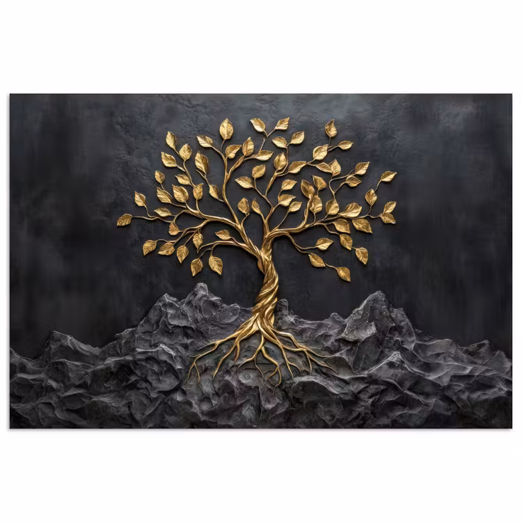 Bladeren - Goud - Boom - Rots poster papier klein -3d