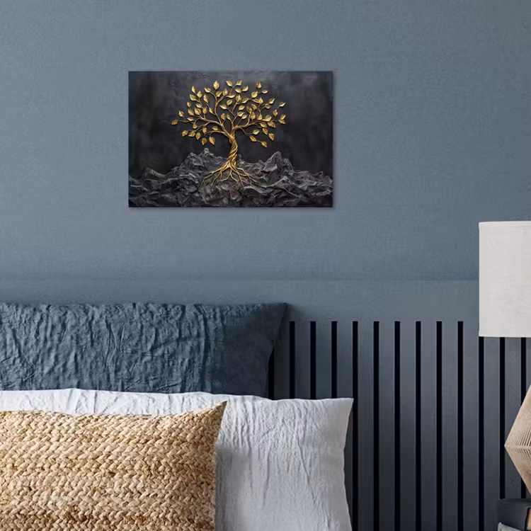Bladeren - Goud - Boom - Rots poster papier klein -sfeer2