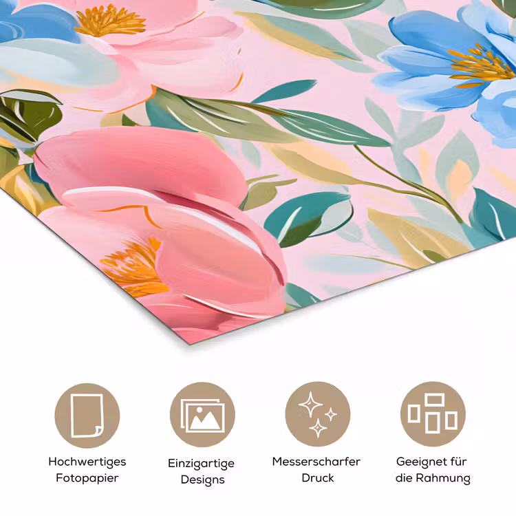 Blauw - Roze - Bloemen poster papier klein -tcloseup_DE