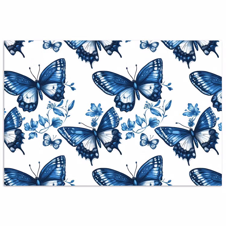 Blauw - Vlinders - Bloemen - Wit poster papier klein 62 -3d
