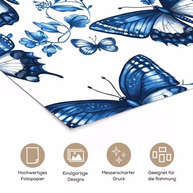 Blauw - Vlinders - Bloemen - Wit poster papier klein 62 -tcloseup_DE