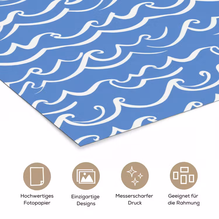 Blauw - Wit - Simpel - Getekend - Golven poster papier klein 62 -tcloseup_DE