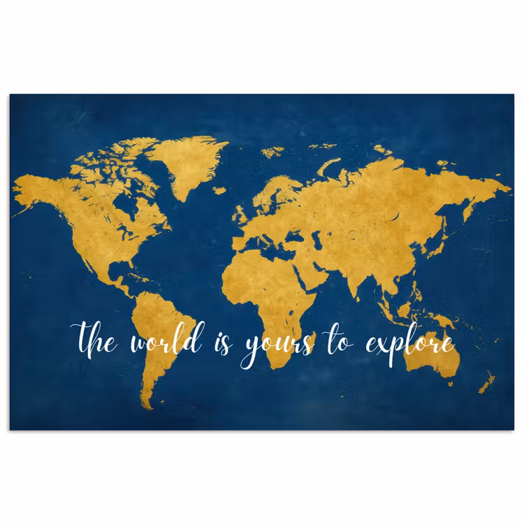Blauw - Wereldkaart - Quote - Explore poster papier klein -3d