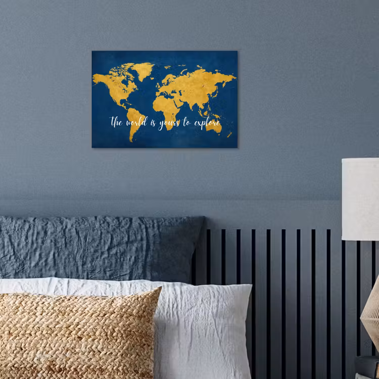 Blauw - Wereldkaart - Quote - Explore poster papier klein -sfeer2
