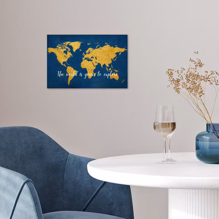 Blauw - Wereldkaart - Quote - Explore poster papier klein -sfeer3