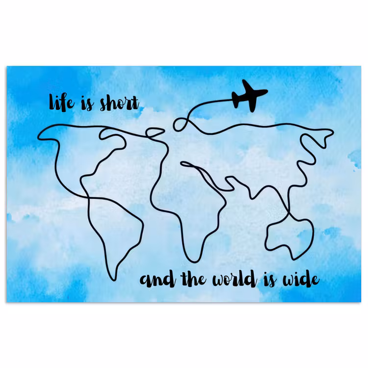 Blauw - Quote - Wereldkaart poster papier klein -3d