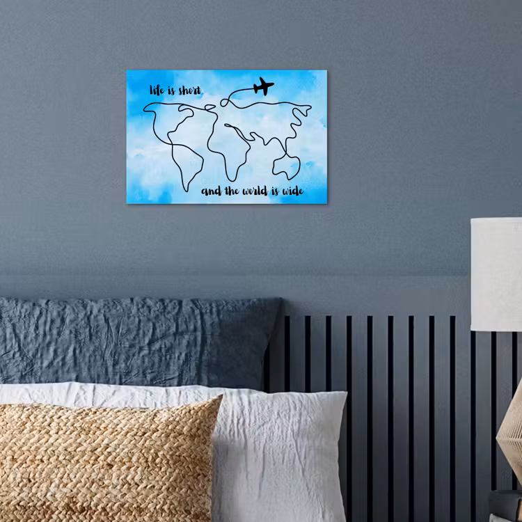 Blauw - Quote - Wereldkaart poster papier klein -sfeer2