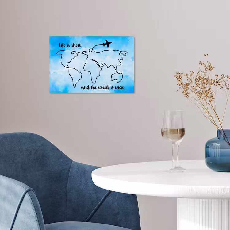 Blauw - Quote - Wereldkaart poster papier klein -sfeer3