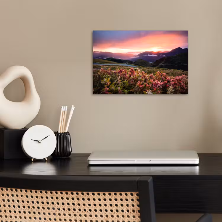 Bloemen - Bergen - Landschap - Nacht - Lucht - Roze poster papier klein -sfeer1