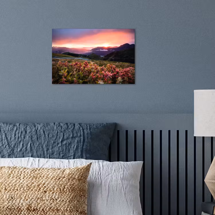 Bloemen - Bergen - Landschap - Nacht - Lucht - Roze poster papier klein -sfeer2