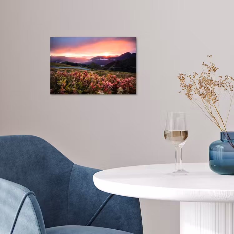 Bloemen - Bergen - Landschap - Nacht - Lucht - Roze poster papier klein -sfeer3