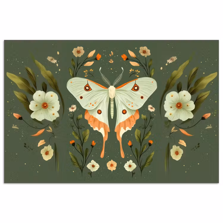 Bloemen - Bladeren - Olijfgroen - Vlinder poster papier klein -3d