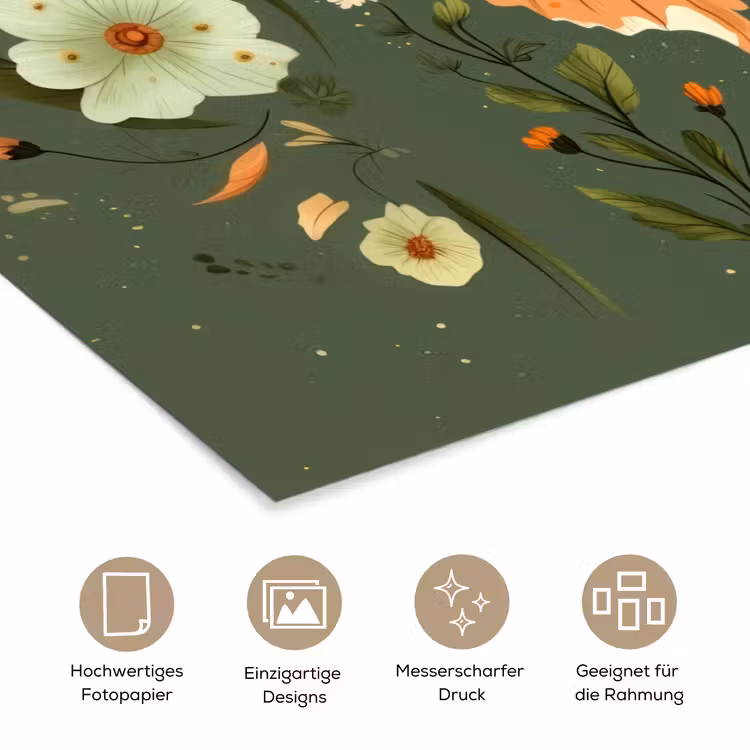 Bloemen - Bladeren - Olijfgroen - Vlinder poster papier klein -tcloseup_DE