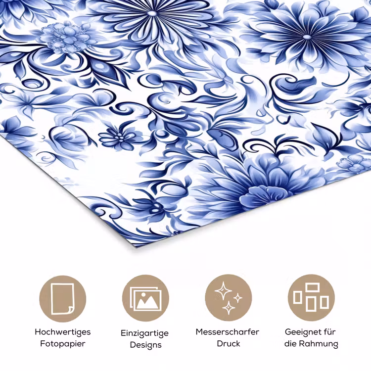 Bloemen - Blauw - Patroon - Wit poster papier klein 62 -tcloseup_DE