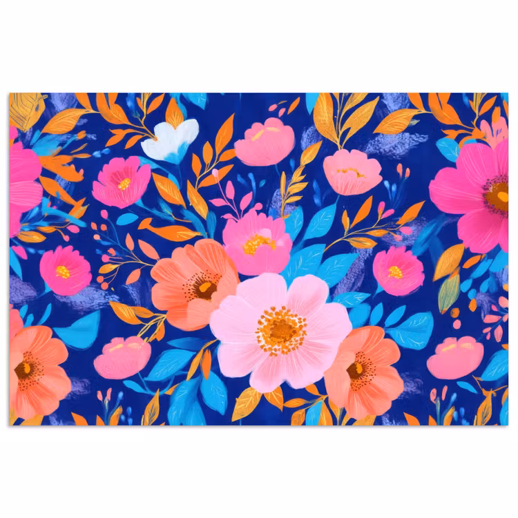 Bloemen - Blauw - Roze poster papier klein -3d