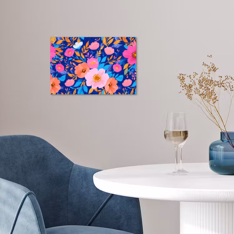 Bloemen - Blauw - Roze poster papier klein -sfeer3