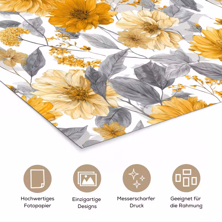Bloemen - Botanisch - Elegant - Okergeel - Grijs poster papier klein 62 -tcloseup_DE