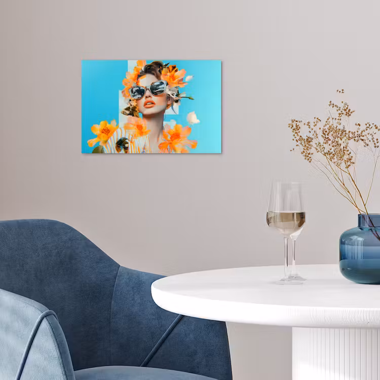 Bloemen - Vrouw - Zonnebril - Blauw poster papier klein -sfeer3