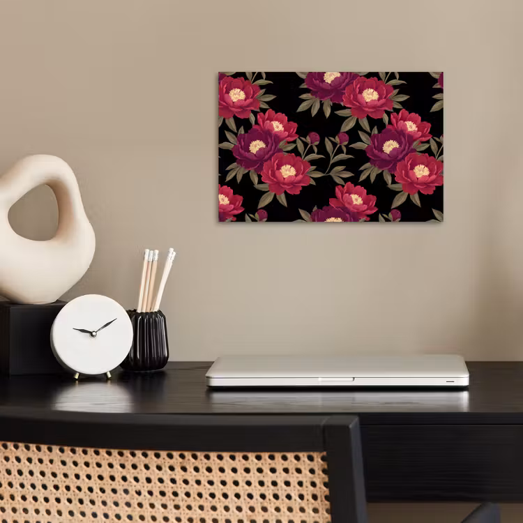 Bloemen - Patroon - Botanisch - Rood - Zwart poster papier klein -sfeer1