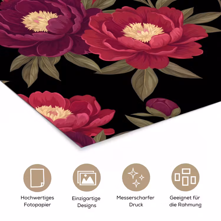 Bloemen - Patroon - Botanisch - Rood - Zwart poster papier klein -tcloseup_DE