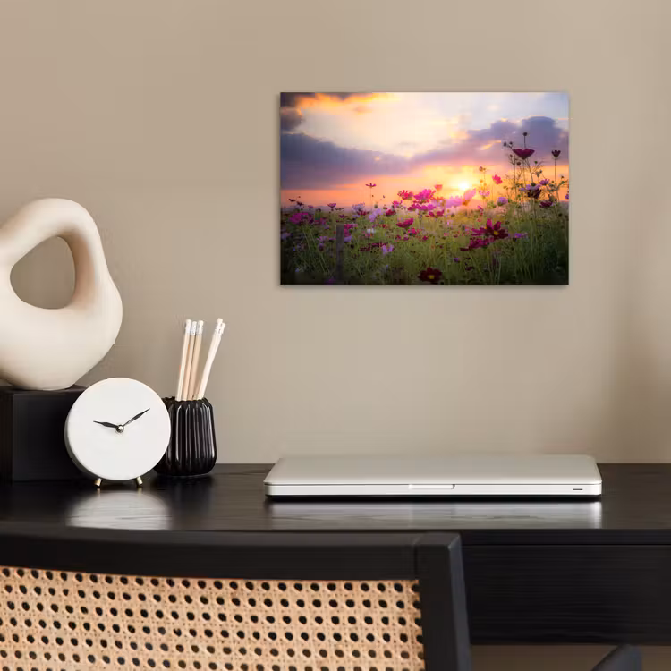 Bloemen - Roze - Zonsondergang - Natuur - Weide - Horizon poster papier klein -sfeer1