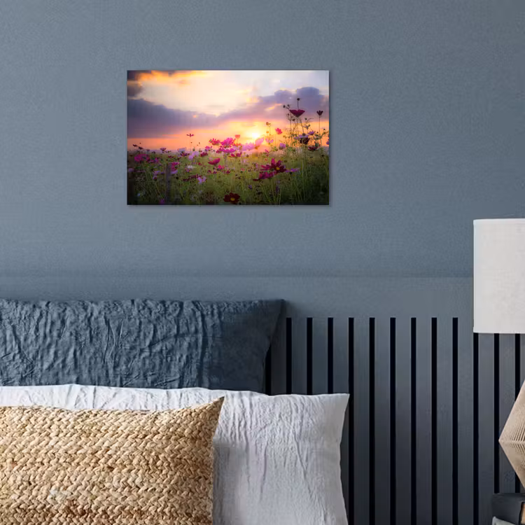 Bloemen - Roze - Zonsondergang - Natuur - Weide - Horizon poster papier klein -sfeer2