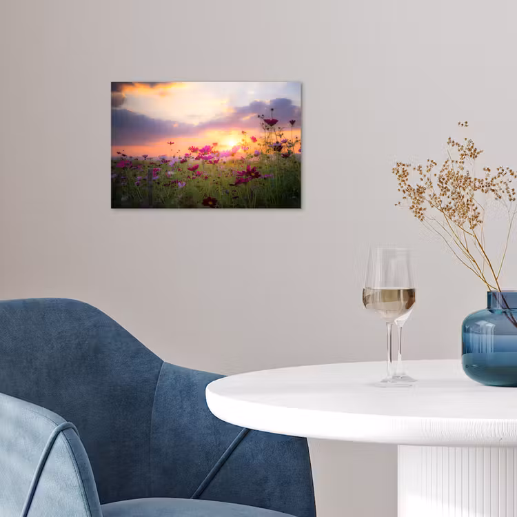 Bloemen - Roze - Zonsondergang - Natuur - Weide - Horizon poster papier klein -sfeer3