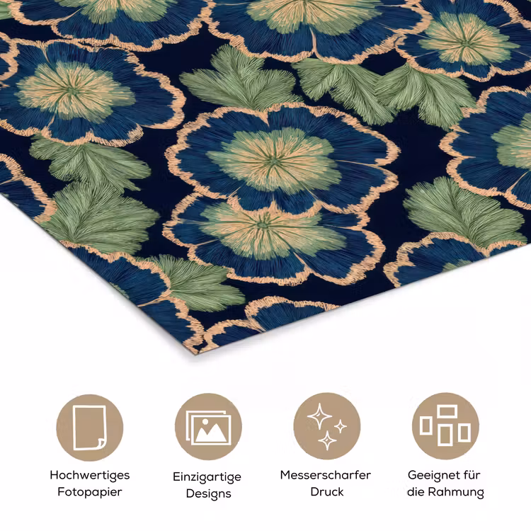 Bloemen - Borduurwerk - Patroon - Blauw - Groen poster papier klein 62 -tcloseup_DE