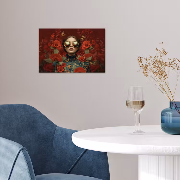 Bloemen - Dieprood - Zonnebril - Vrouw poster papier klein -sfeer3