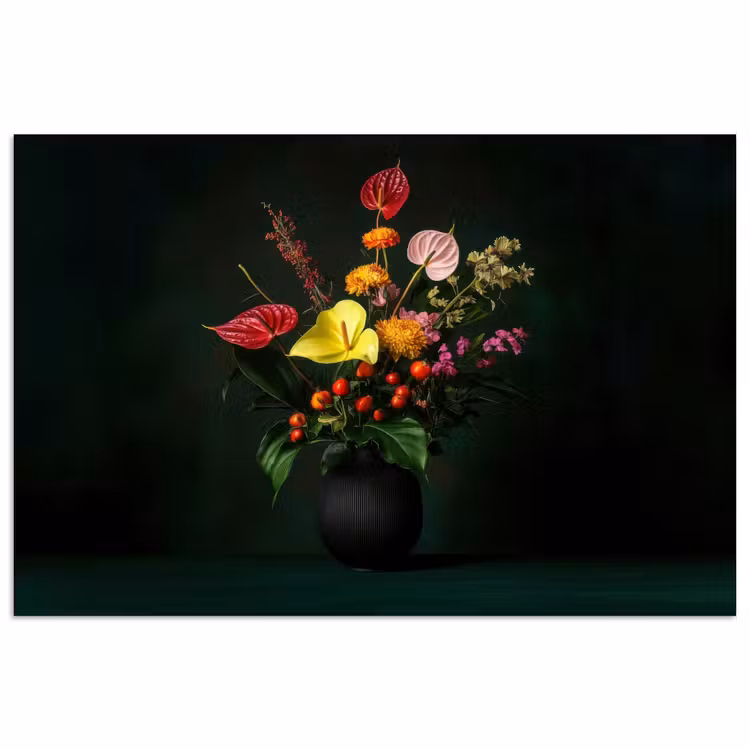 Bloemen - Vaas - Zwart poster papier klein -3d