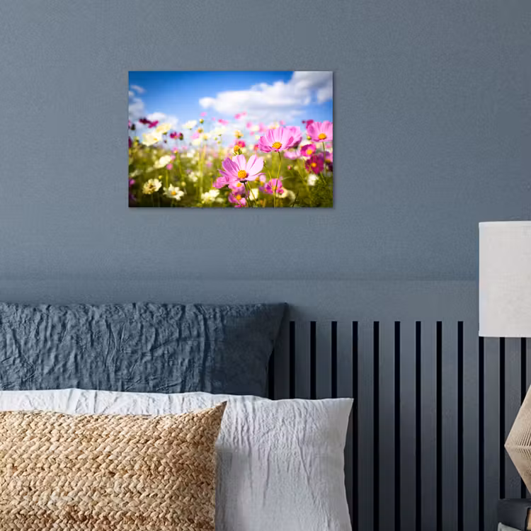 Bloemen - Wei - Paars - Gras - Wit - Wolken - Blauw poster papier klein -sfeer2