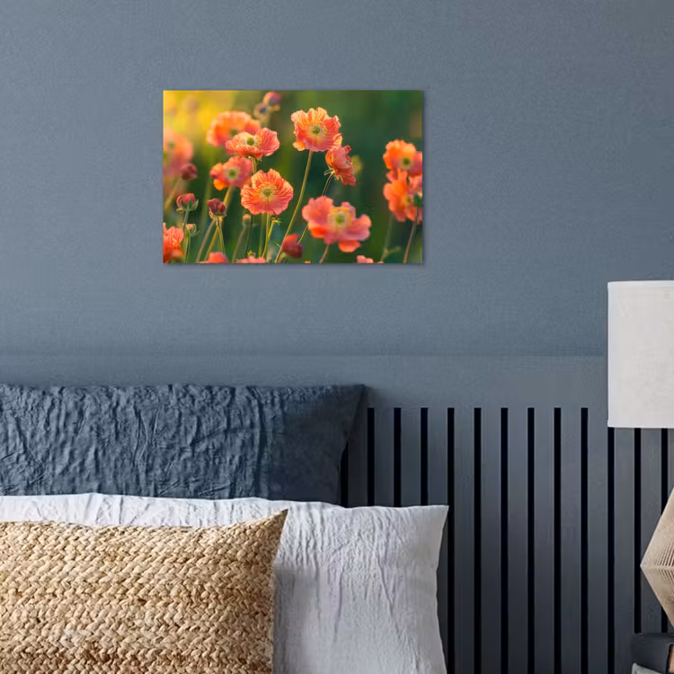 Bloemenveld - Zonnestralen - Oranje poster papier klein -sfeer2