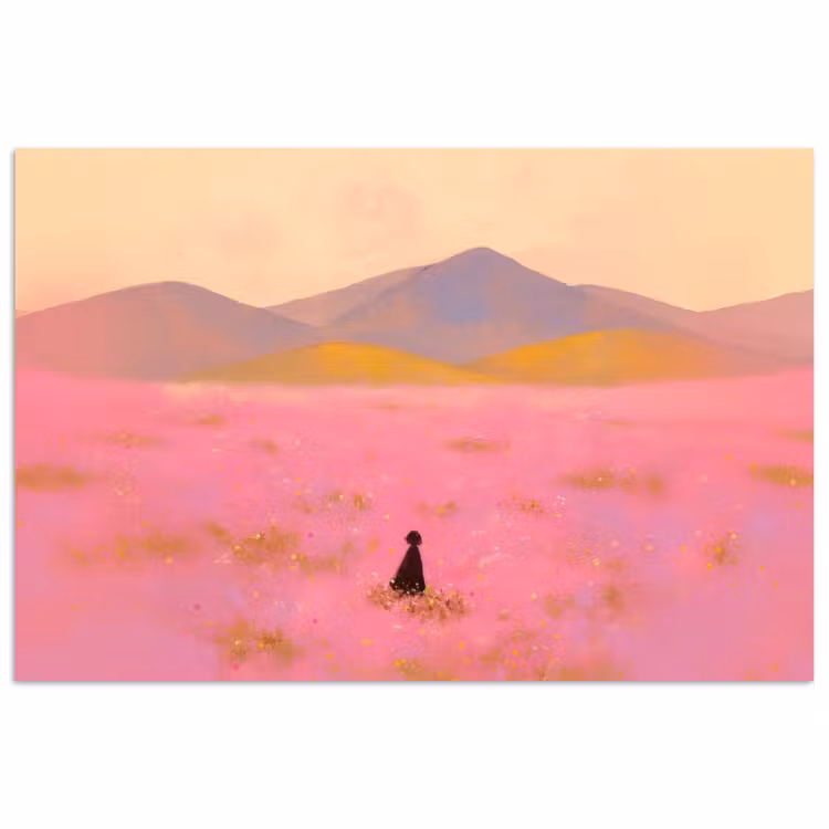 Bloemenweide - Heuvels - Silhouet - Roze poster papier klein -3d