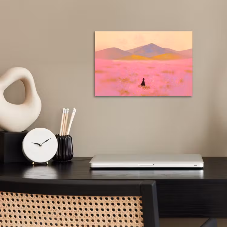 Bloemenweide - Heuvels - Silhouet - Roze poster papier klein -sfeer1