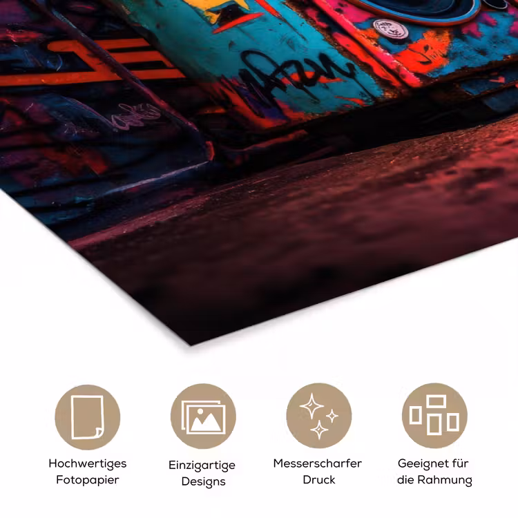 Boombox - Rood - Graffiti - Neon poster papier klein -tcloseup_DE
