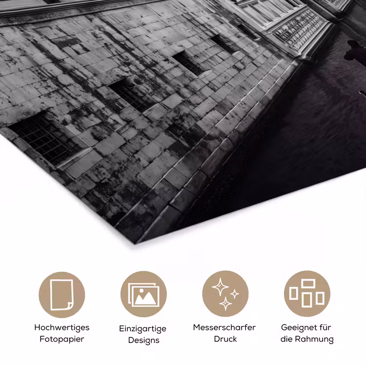 Boot - Waterweg - Stad - Zwart-wit - Architectuur poster papier klein -tcloseup_DE