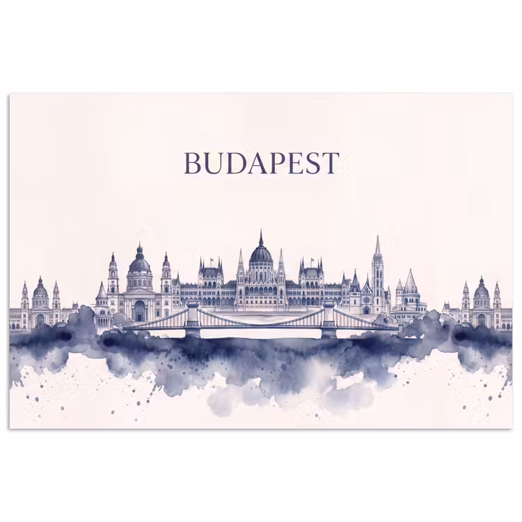Boedapest - Skyline - Architectuur - Aquarel - Blauw poster papier klein -3d
