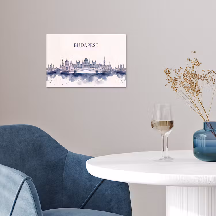Boedapest - Skyline - Architectuur - Aquarel - Blauw poster papier klein -sfeer3