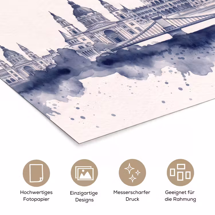 Boedapest - Skyline - Architectuur - Aquarel - Blauw poster papier klein -tcloseup_DE