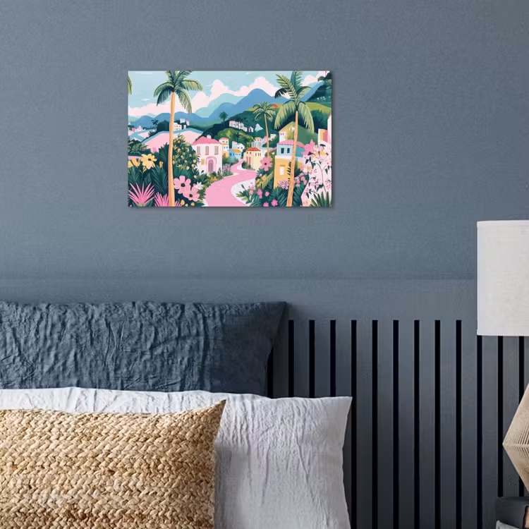 Kleurrijk - Huizen - Heuvels - Roze poster papier klein -sfeer2