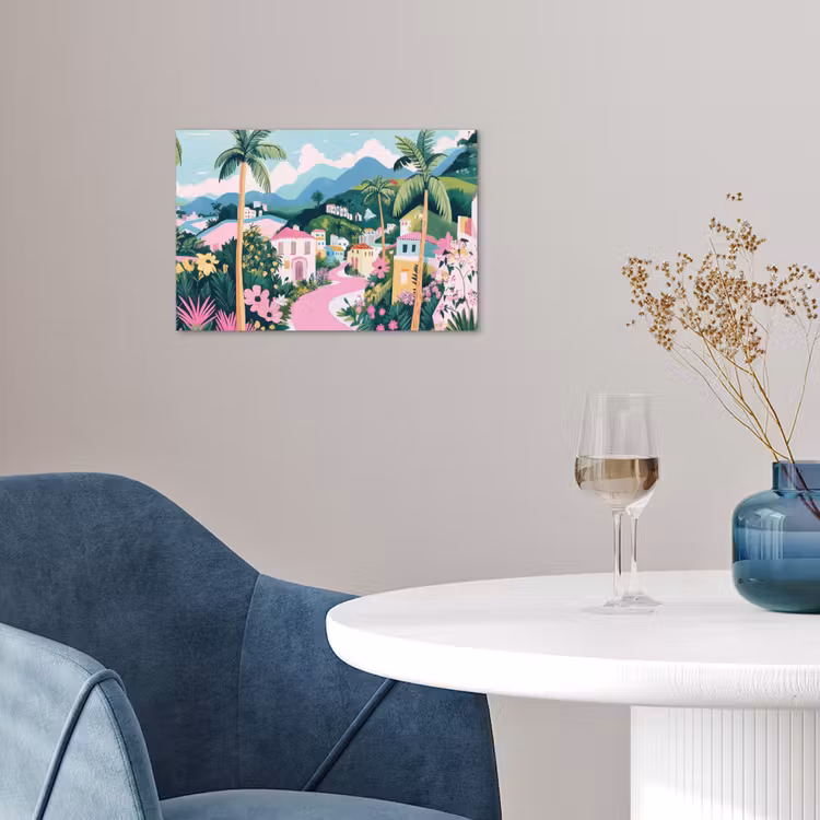 Kleurrijk - Huizen - Heuvels - Roze poster papier klein -sfeer3