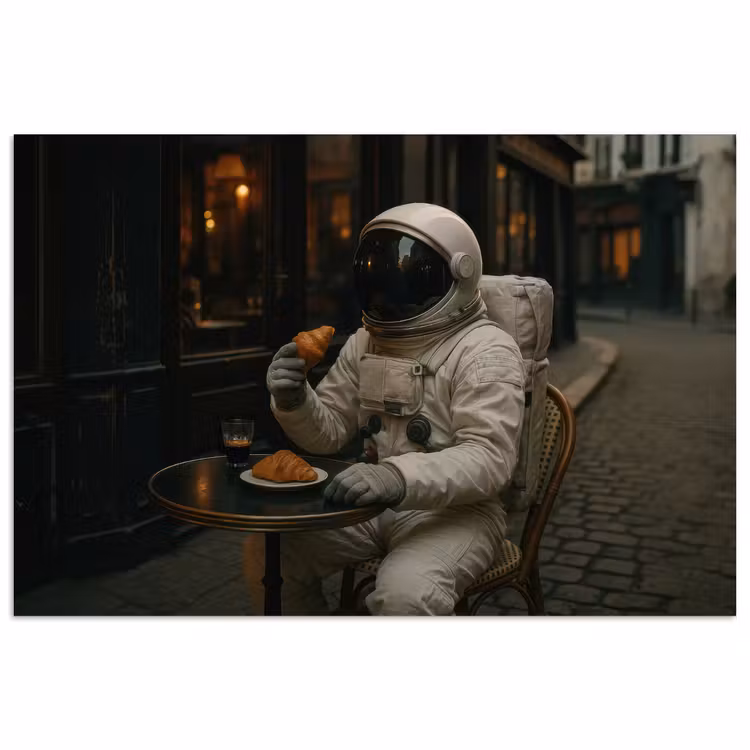 Café - Croissant - Koffie - Astronaut poster papier klein -3d